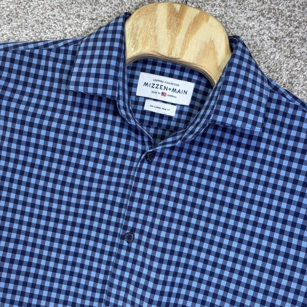 Mizzen+Main Shirt Mens 2XL Blue Gingham Trim Long Sleeve Shirt Leeward DAMAGE